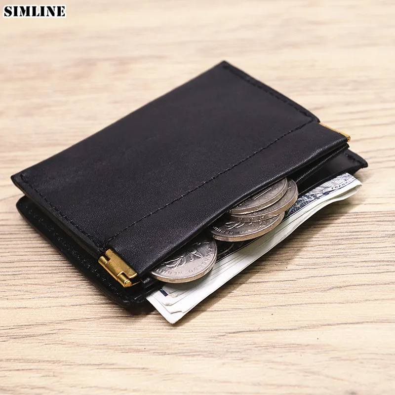 

SIMLINE 2021 Genuine Leather Card Holder For Men Male Women Vintage Short Slim Mini Wallet Business Card Case With Coin Pocket
