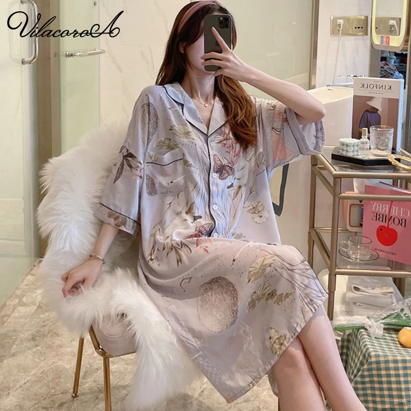 

Floral Print Cardigan Nightdress Cotton Casual Home Wear Women Shirt Oversized Kimono Night Dress Nightwear Loose Long Nightie