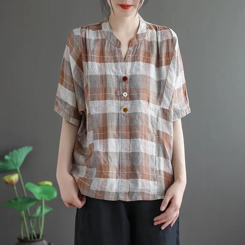 

2020 Summer New Arts Style Women V-neck Short Sleeve Casual Shirts Cotton Linen Plaid Loose Blouses Plus Size Femme Tops M130