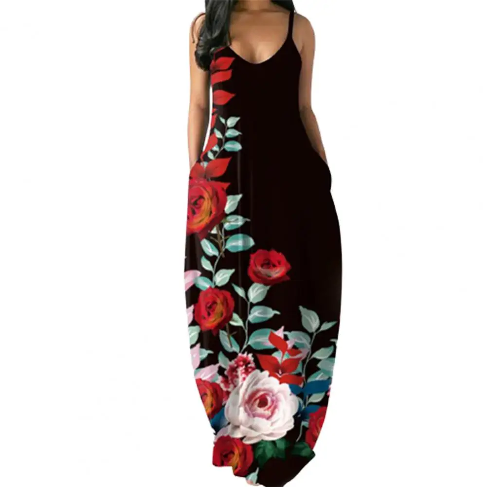 

Hot Sales Sexy Women Sling Dress Sleeveless Floral Print Spaghetti Straps Maxi Dress for Party