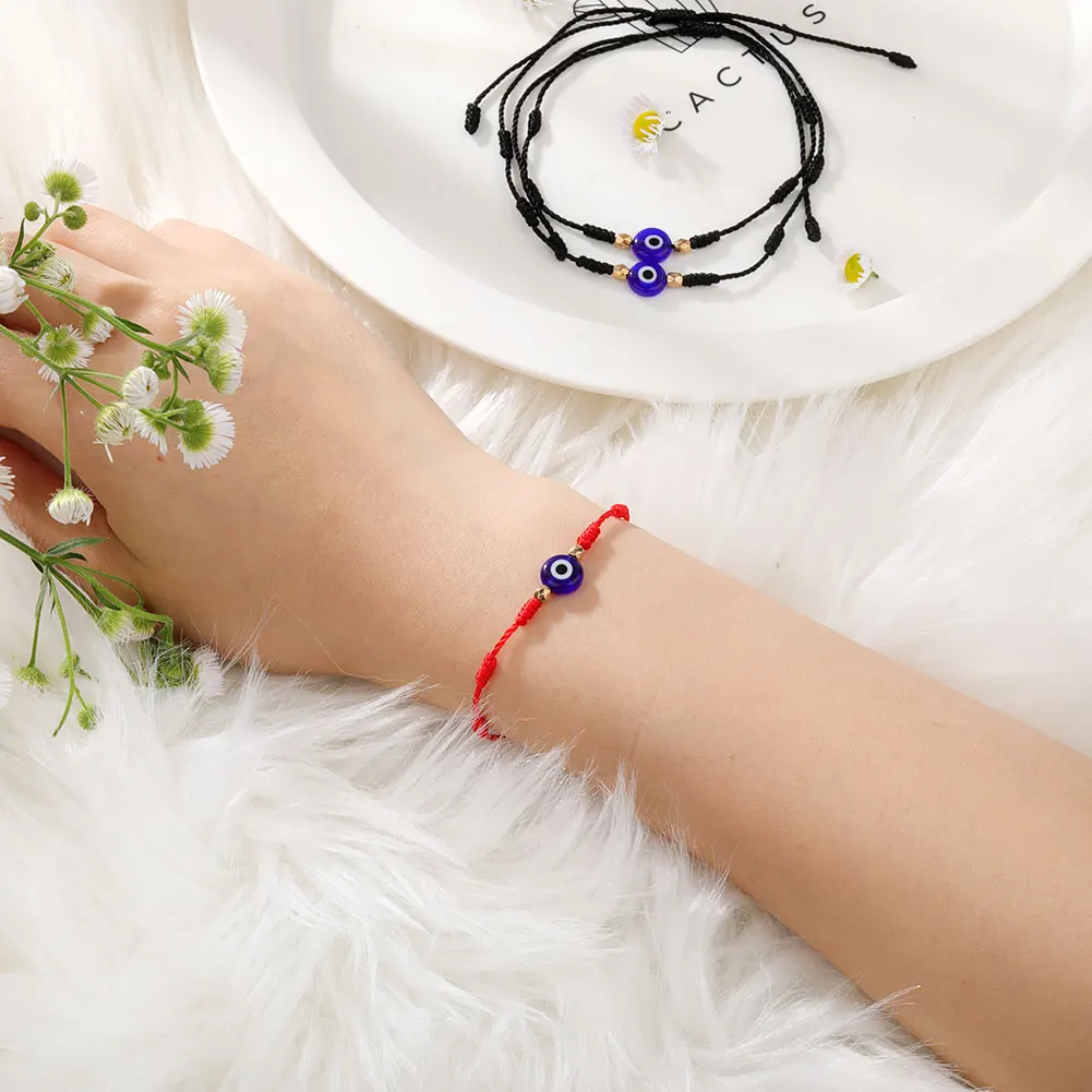 

Lucky Evil Blue Eye Charms Bracelet Red String Thread Rope Couple Bracelet Wish Card Jewelry For Women Men Adjustable Strands