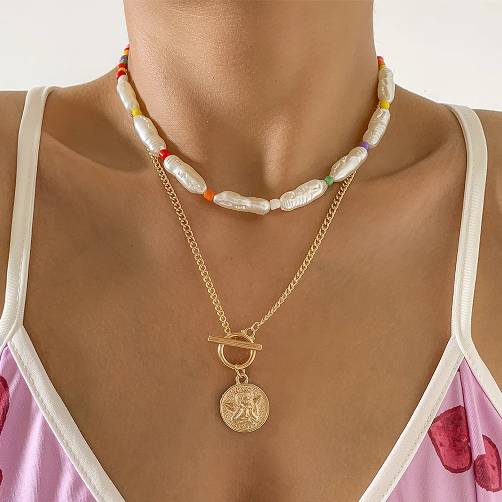 

Lacteo Boho Geometric Ellipse Imitation Pearl Clavicle Chain Choker Necklace Vintage Carved Coin Virgin mary Pendant Necklace