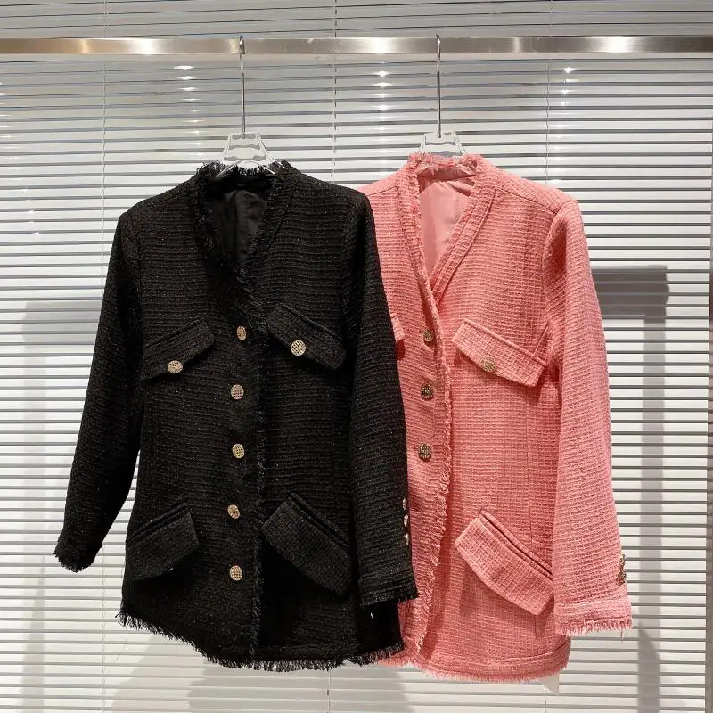 

New red same style style woolen metal button small fragrance weave tweed long sleeve medium length coat