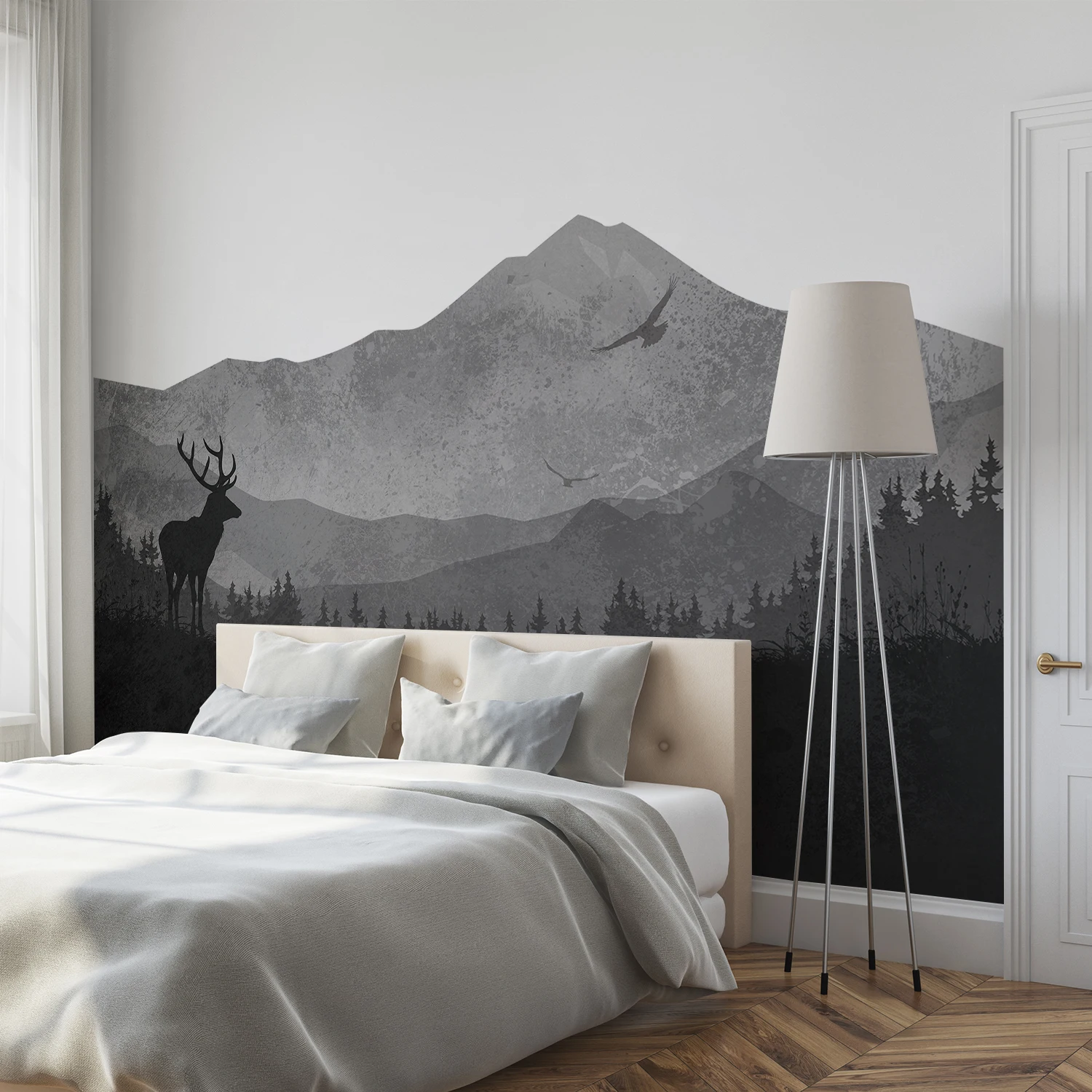 

99.49x55.12inch Gray Forest Deers Scenery Bedroom Wall Waterproof Easy-To-Clean Fine Grain Cloth Background Decoration Sticker