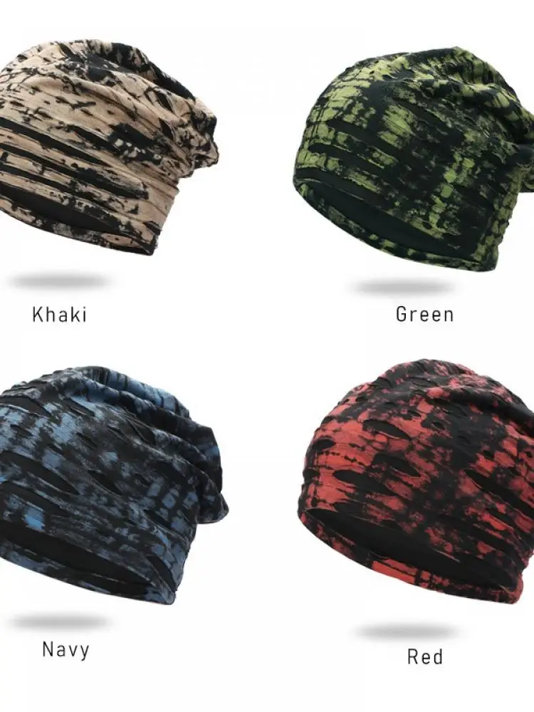 

Winter Unisex Outdoor Sports And Leisure Beanie Hat Tie-Dye Nightcap Warm Skull Cap Torn Loose Casual Running Cap