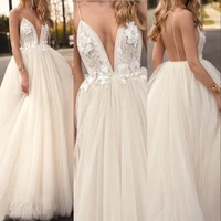 myyble ivory boho wedding dresses 2021 new arrival backless sweep brush train flowers a line bridal gowns beach cheap