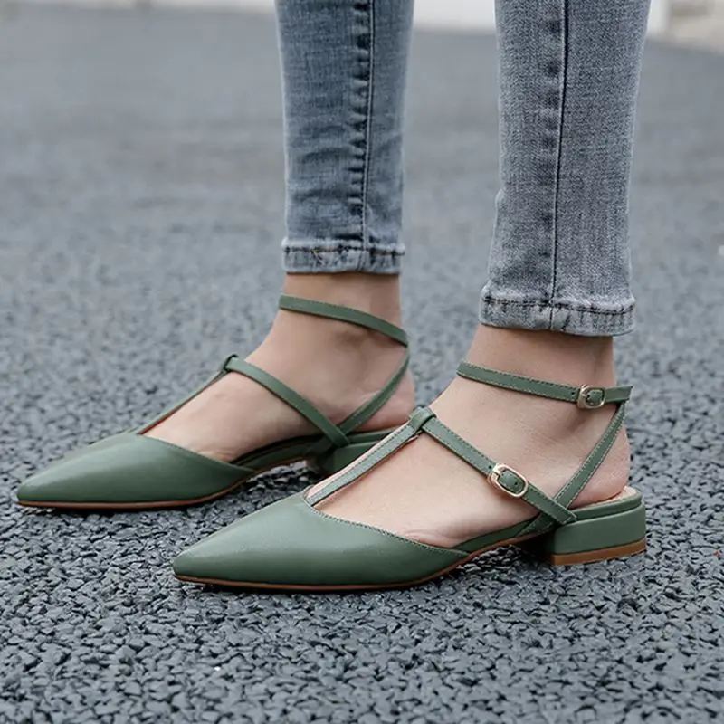 

COOLULU 2020 Women T-strap Pointed Toe Pumps Low Chunky Heel Spring Ladies Pumps Slingback Ankle Strap Shoes Size 33-43