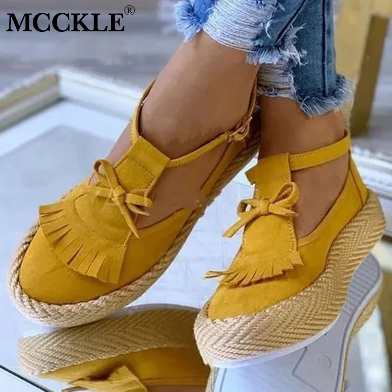 MCCKLE женская летняя обувь на плоской подошве с бахромой и замшевая пряжкой