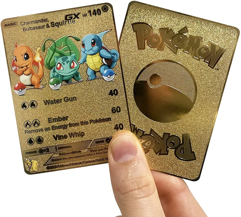

NEW Pokemon Gold Card Charmander Bulbasaur Squirtle Golden GX Metal Card Game Collection Cards Birthday Gifts