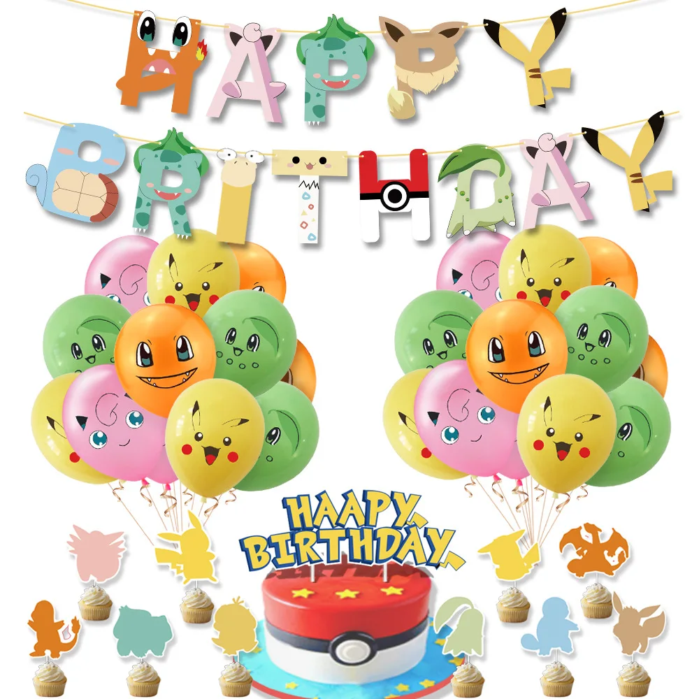 

2021Pokemon Go Birthday Party Decoration Pikachu Printed Balloons Cup Cake Topper Insert Banner Flag DIY Set Kids Party Supplies