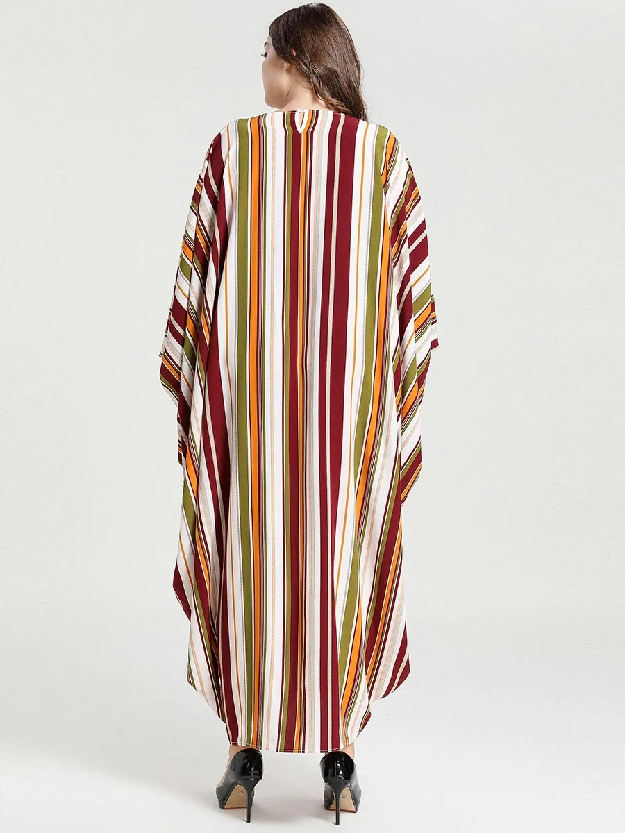 

striped printed batwing sleeve dress long sleeve abaya plus size kaftan ramadan robe african dashiki moroccan gown VKDR2087
