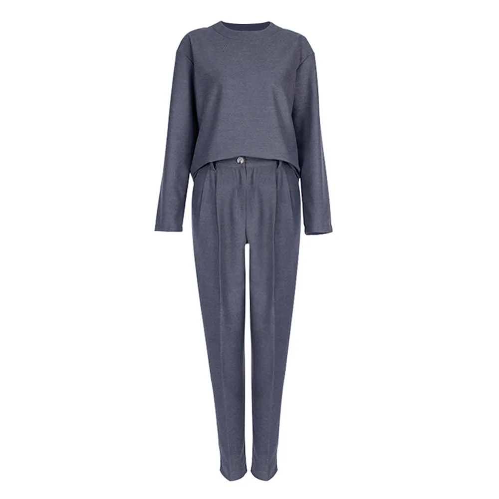 

Female Two-Piece Suit Autumn Winter Elegant Office Lady Gray Woolen Suit Pants Round Neck Sweater 2021 Fashion Women's Suit