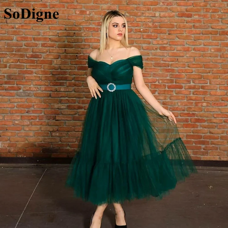 Sodigne tule verde vestido de baile fora do ombro com cinto feminino simples formal festa vestido de chá comprimento vestidos de noite (0)