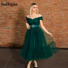 SoDigne Green Tulle Prom Dress Off The Shoulder With Belt Women Simple Formal Party Dress Tea Length Evening Gowns (3)