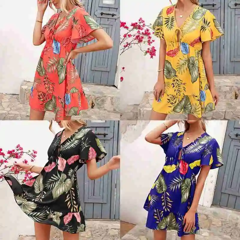 

Women Summer Fashion Flowery Print Beach Party Dress Loose Sundress Party Mini Sleeve Dress Beachwear Short Dresses Casual M5Z9