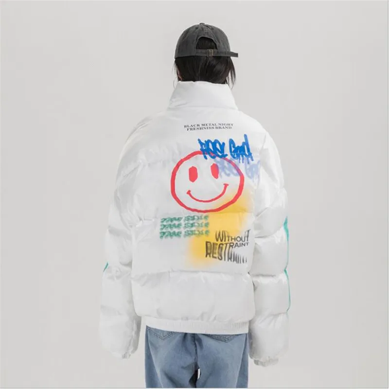 2021 Hip Hop Thick Jacket Parka Happy Graffiti Print Men Windbreaker Streetwear Harajuku Winter Padded Jacket Coat Warm Outwear
