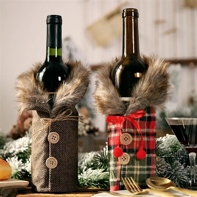 Xmas DIY Christmas table wine bottle decoration Striped plaid skirt bottle Cover Wine Cover all for the new year 1pcs FZ283