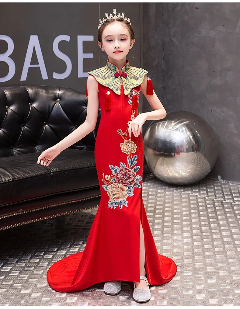 

Girls' Evening Dresses Chinese Style Small Catwalk Costume Childrens Trailing Princess dress Banquet Flower Girl Dress