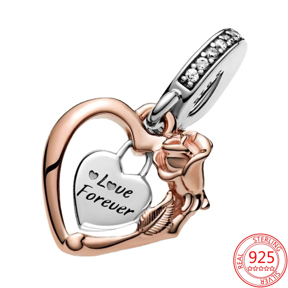 

New 925 Sterling Silver for Women Jewelry Gift Charms Two-tone Heart and Rose Pendant Fit Original Pandora Bracelet Charms Beads