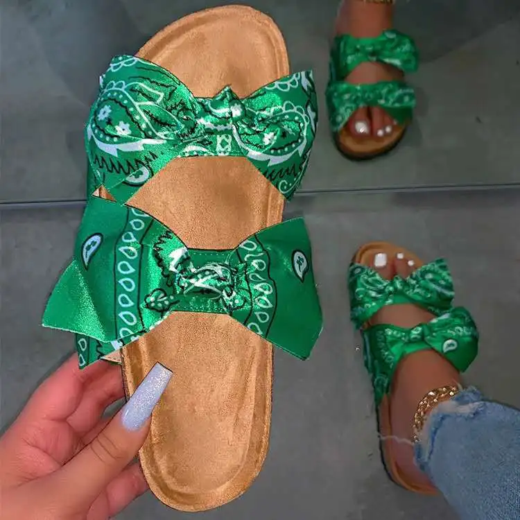 

Silk Bow Flat Shoes Ladies Beach Outdoor Casual Slippers Slip on Round Toe Slides Tie Dye Sandals Graffiti Flast Women Footwear