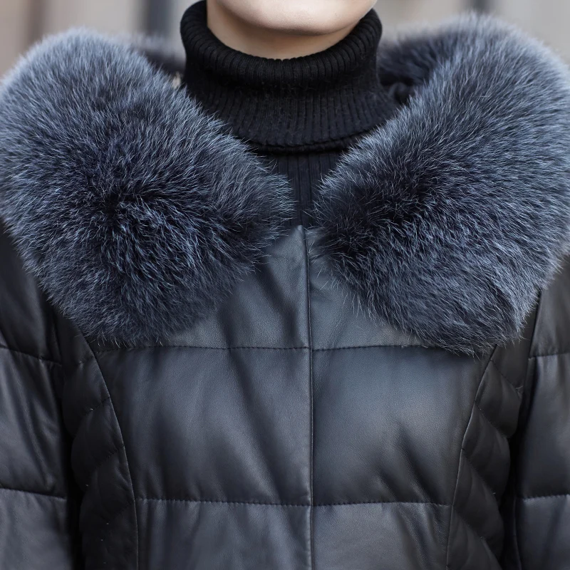 Leather Jacket Women's Autumn And Winter Real Fox Fur Zipper Down Jacket Long Warm Slim Jacket Women Sheepskin Down Coat M 7XL