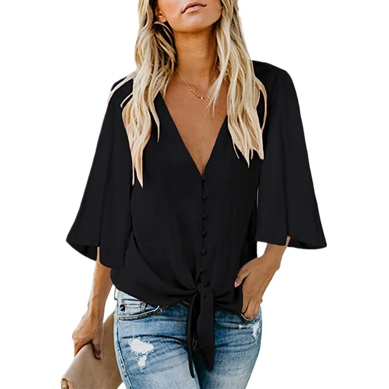 

Tops For Women Summer Clothes 2021 V Neck Blouses Three Quarter Sleeve Casual Shirt Loose Fashion Single Breasted Bow Bluse Pink