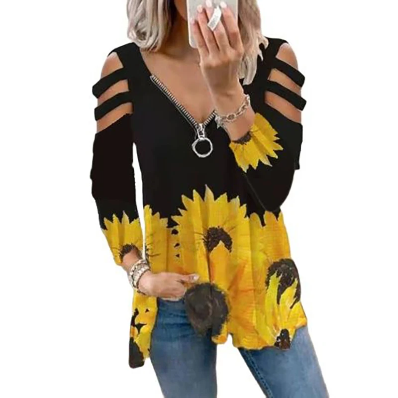 

Women Strapless V Neck Print Sexy Deep Low Cut Tops Blouse Shirt Out Zipper Long Sleeve Casual Pullover Summer Plus Size Blusa