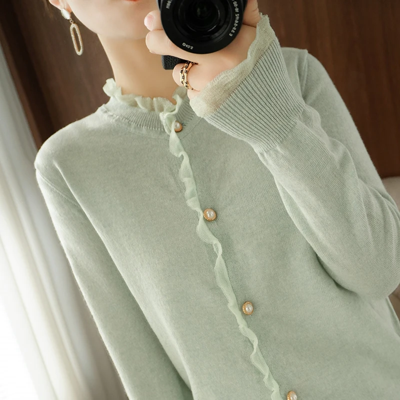 100% pure wool cardigan ladies knitted full sleeves 0-neck fashion high-end coat cashmere sweater spring and autumn new style