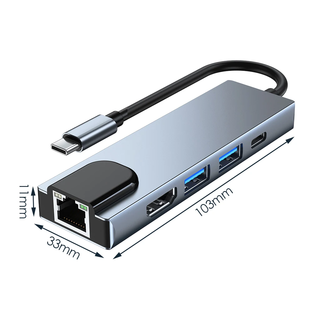 

5 in 1 Type C HUB USB 3.0 Docking Station TF SD Reader Slot RJ45 PD 4K HDMI-Compatible Adapter for MacBook