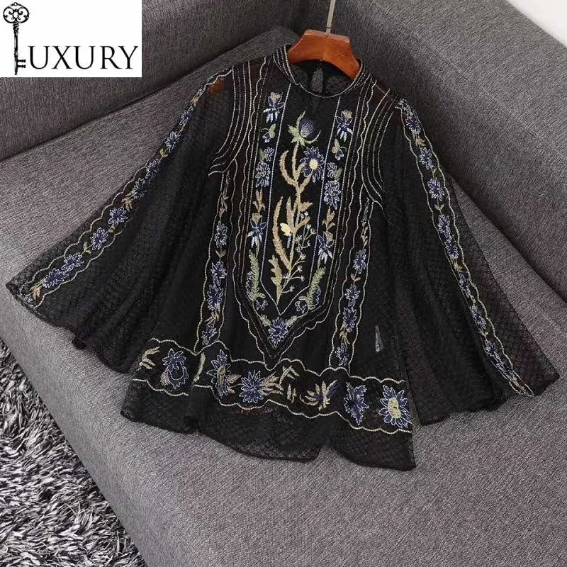 Feminino 2020 Summer Blusas Vintage Women Allover Exquisite Embroidery Beading Deco Flare Sleeve Casual Black White Tops