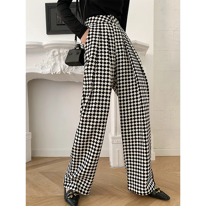 

Women Checkerboard Pants Spring 2023 New High-waisted Pleated Floor Pants Wide Legs Trousers Sweatpants