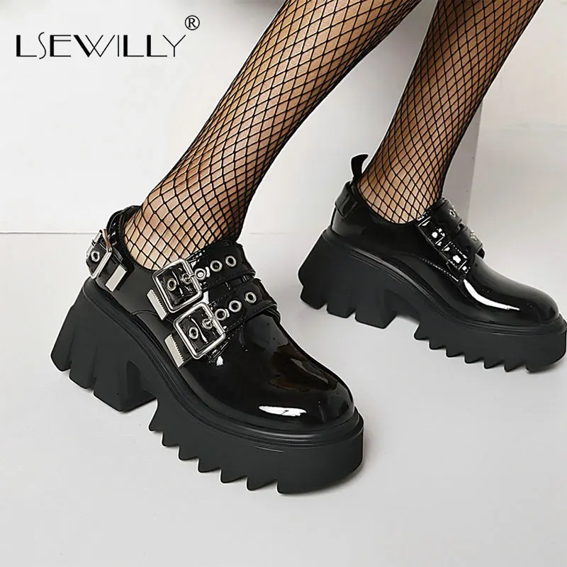 

Lsewilly 2021 Platform Spring Autumn Female Pumps PU Patent Leather Buckle Women Shoes Round Toe Fashion Square Heels Size 35-43