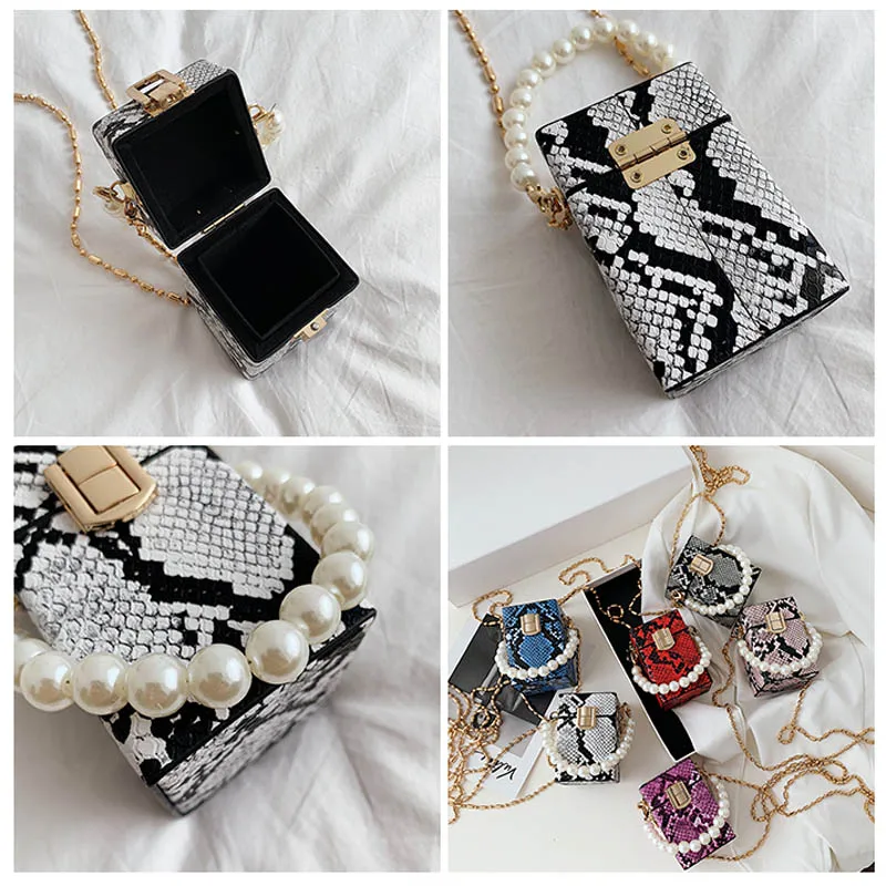 

Fashion Pearl Handbag for Women New Mini Lipstick Messenger Bag Luxury Chain Shoulder Bag Snake Pattern Female Crossbody Bags