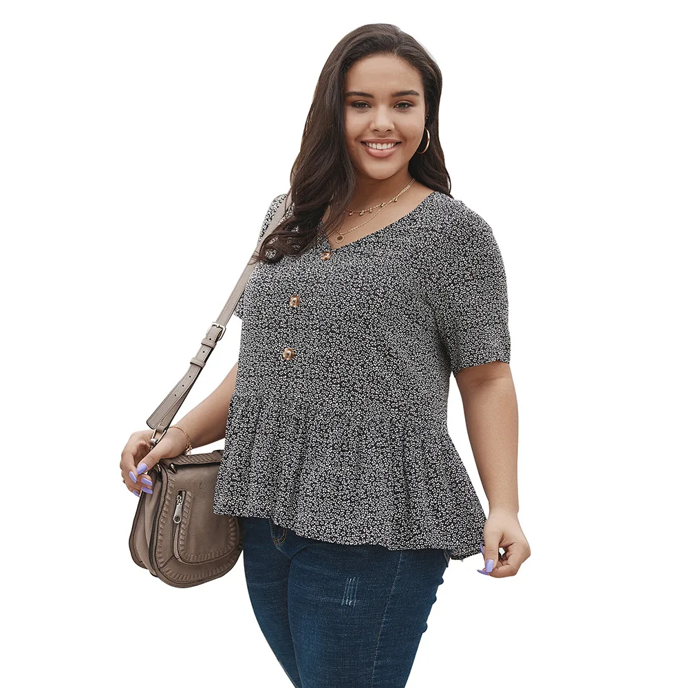 

Spring Summer Women Clothing 4XL Plus Size Short Sleeve Top Female Solid Color Loose T-Shirt Casual Women Button Pullovers