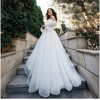 wedding dress 2021 a line long puff sleeve shiny point net off shoulder floor length charming lace up sweep train bridal gown