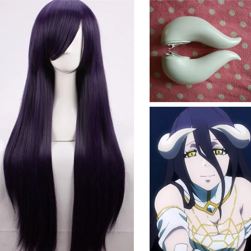

Overlord Albedo Cosplay Prop White OX Horns with Clamp for Women Hair Girl Purple Straight Hairpiece Adult Cosplay Wig