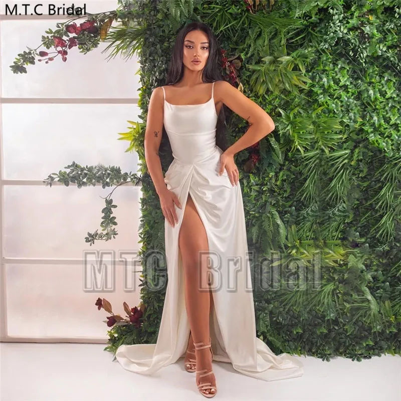 

New Arrival Ivory Long Satin Prom Dresses Strapless High Slit Plus Size Wedding Party Dress Wholesale Formal Gowns For Women