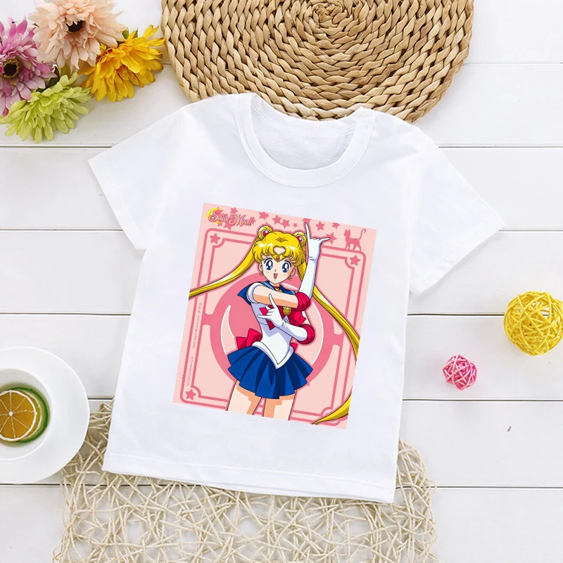 

Japanese Amine Sailor Girls T-shirt Summer New Fashion Cute Cartoon Cat Children T-shirts Kids Casual Short Sleeve Tops Tee