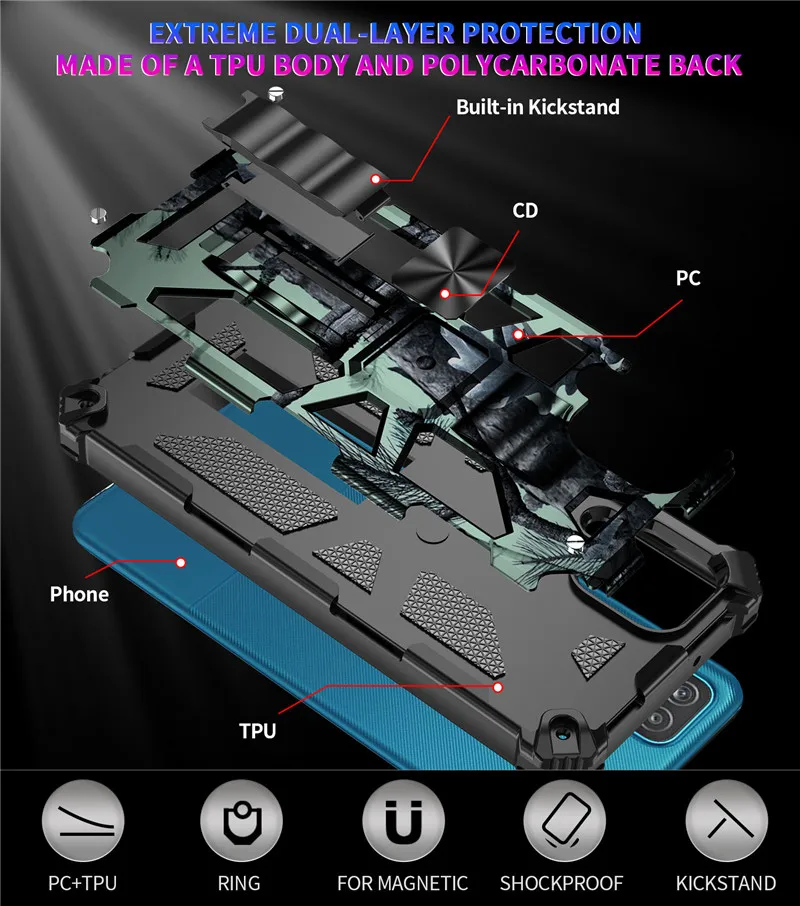 For Samsung Galaxy A12 A32 A52 A72 5G A02 A02S Phone Case Luxury Car Magnet Ring Shockproof Armor Camouflage Back Cover Capa