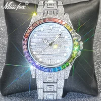 hip hop missfox watches for men luxury hip hop full iced out diamond quartz watches silver bling auto date dress jewelry clocks