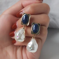 yangliujia baroque pearl earrings bluestone square earrings personality fashion retro geometric stud earrings ms jewelry gift