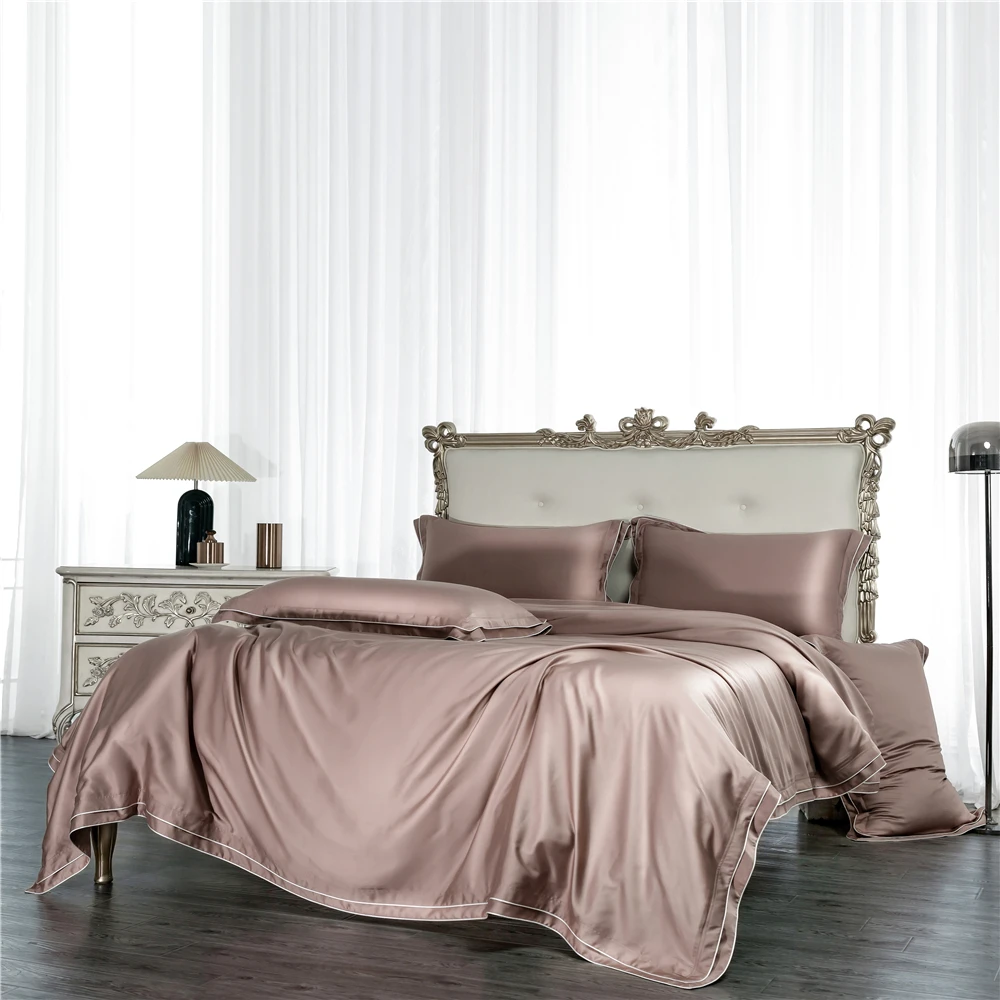 Beste Champagne Mode Dubbele Lijnen Ontwerp 4 Stuks Beddengoed Sets Tencel Lyocell Super Zijdezacht Kussensloop Dekbedovertrek Laken