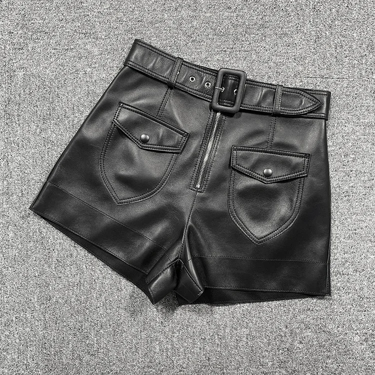 Spring 2021 New arrival women's Sheepskin Genuine leather Belt pockets Shorts A660