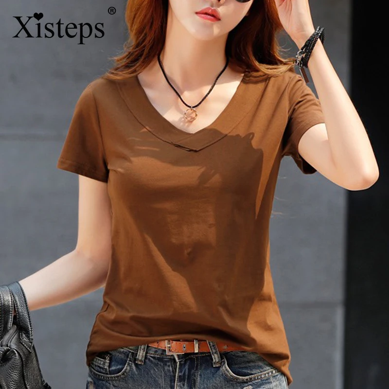 Xisteps Новый Wommen лето с v-образным вырезом Базовая футболка футболки коротким