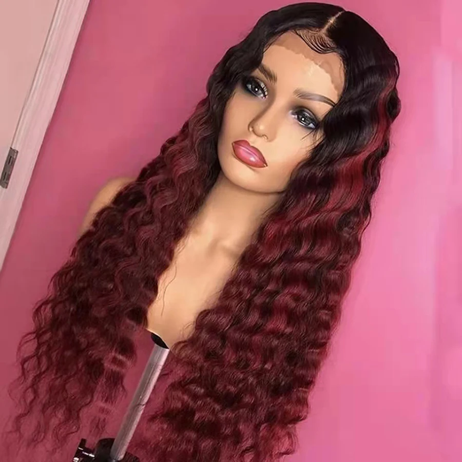 CliCli 13x4 Loose Deep Wave Lace Front Wig Burgundy Ombre Colored Human Hair Wigs Highlight Wig Human Hair Deepwave Frontal Wig