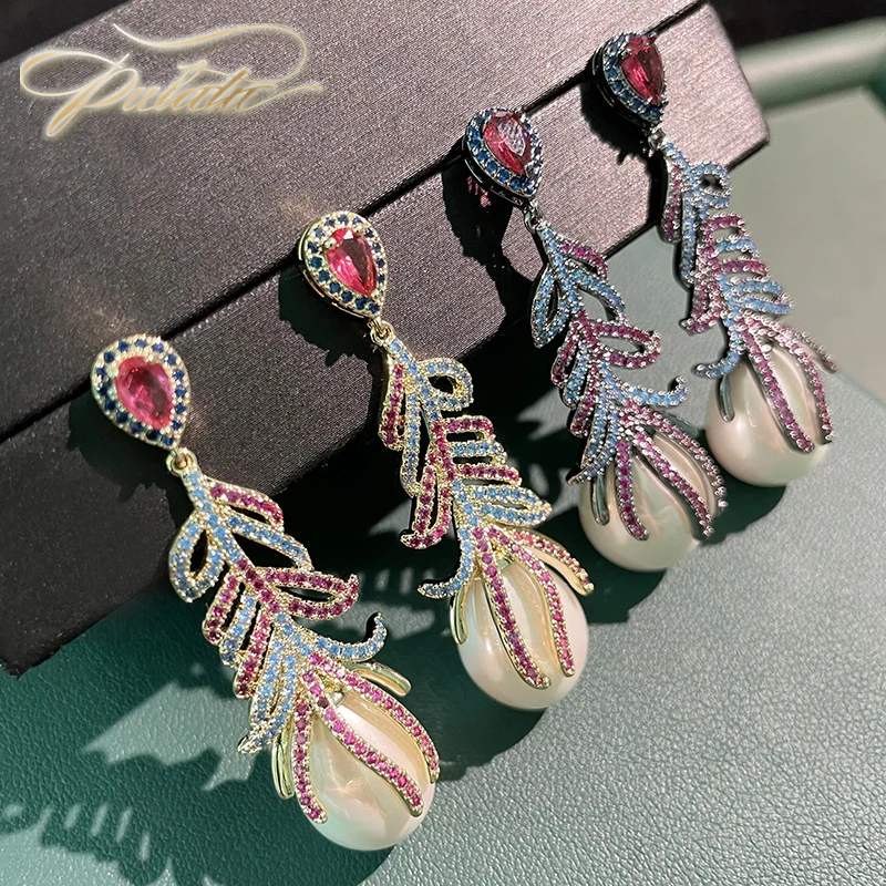 

Висячие серьги PULATU, модные ювелирные изделия для женщин, дизайнерские роскошные украшения, аксессуары, серьги с перьями и жемчугом, крупные ...