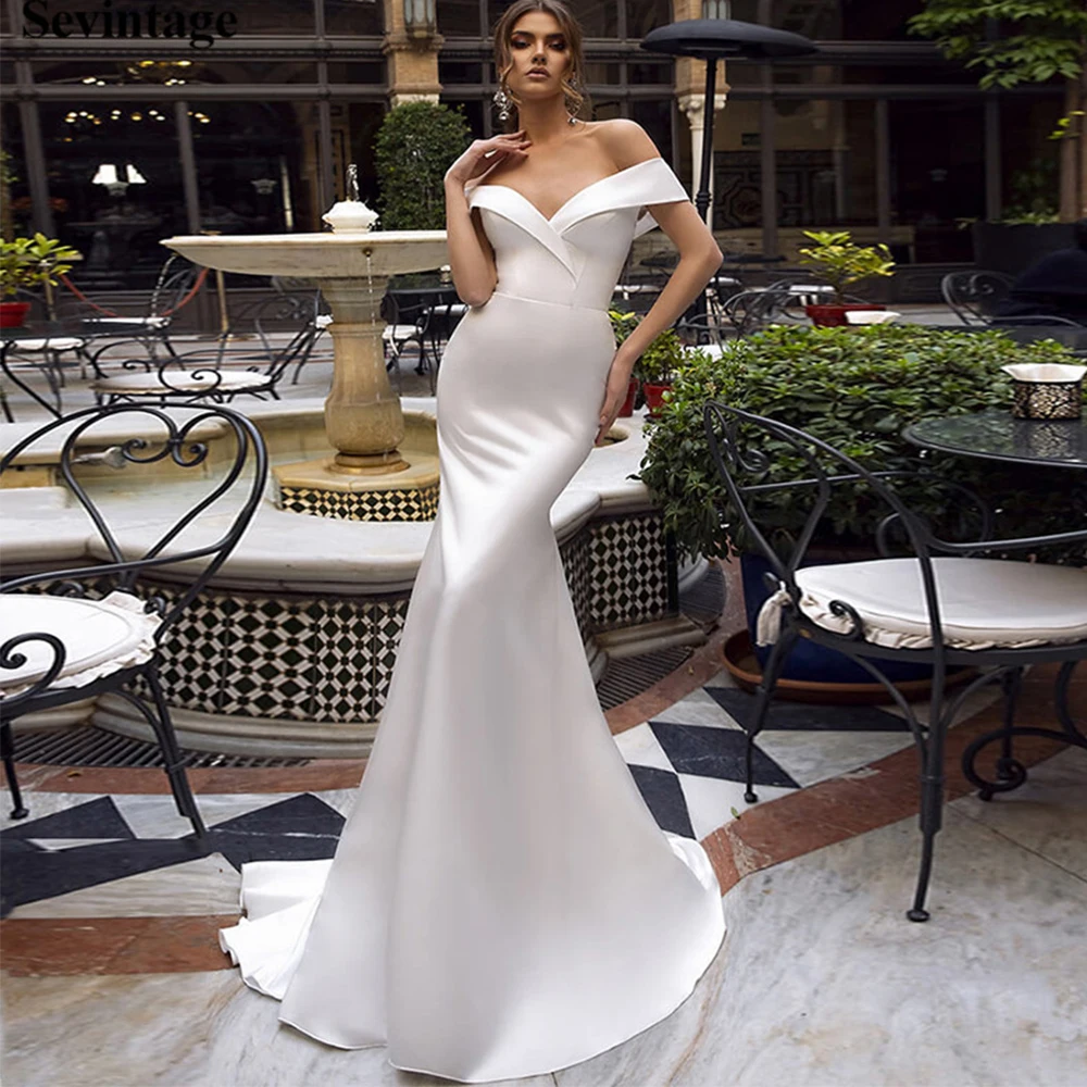 

Simple Off Shoulder Mermaid Wedding Dress White Satin Sleeveless Zipper Back Sweep Train 2021 Bride Gowns Vestido De Noiva