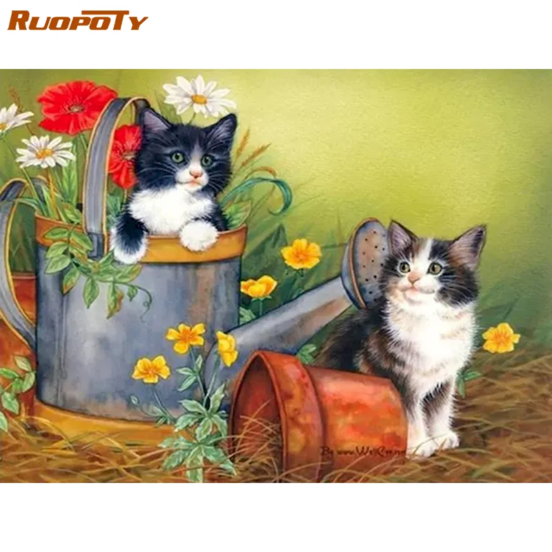 

RUOPOTY 5D Diamond Painting Two Cats Animal Full Square Diamond Embroidery Mosaic Cross Stitch Rhinestone Picture Home Decor