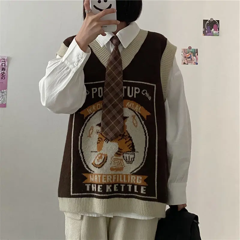 Женский винтажный свитер повседневный Свободный пуловер без рукавов в японском