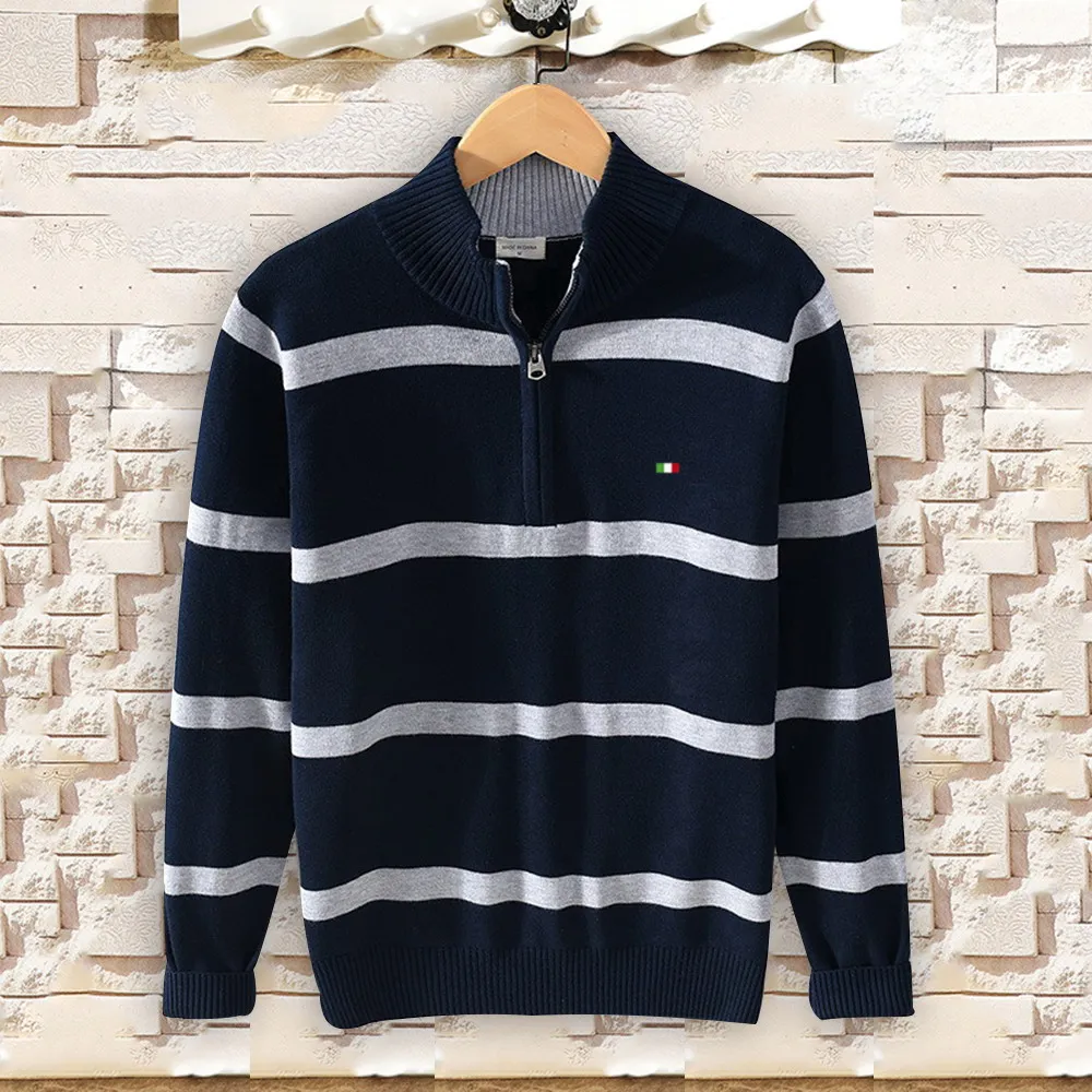 

Top Quality 100% Cotton Autumn Winter Flag Logo Stripe MensTurtleneck Sweaters Casual Thick Knitted Clothing Male Coats 8502